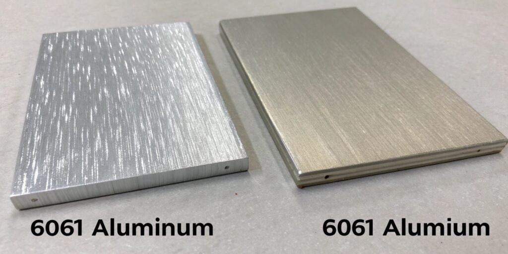 Two identical aluminum components, one made from 6061 holding a heavy weight and one from 6063 that has bent.